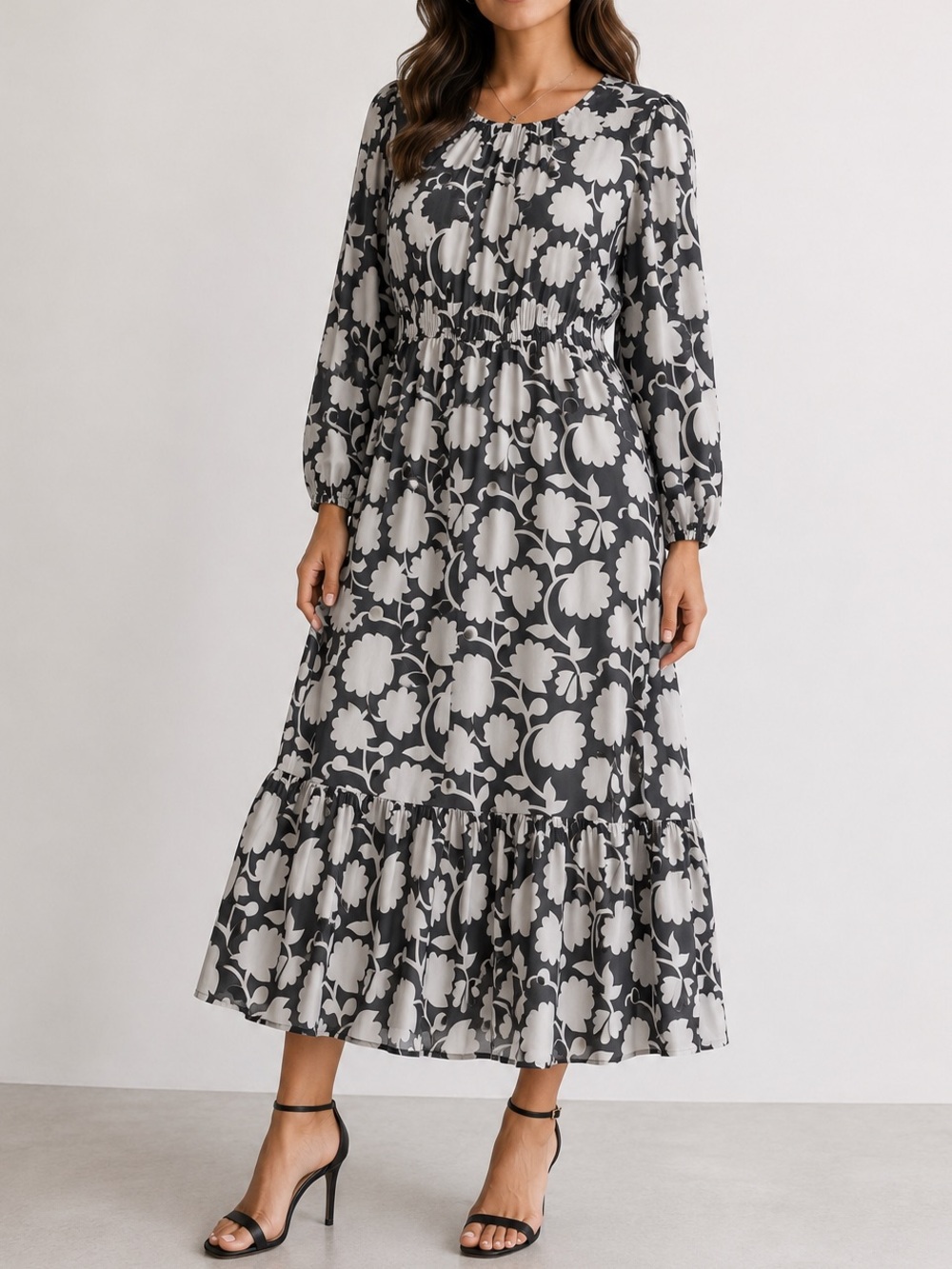 Banjanan Blanche Shadow Bloom Black Gray Floral Cotton Voile Midi Dress
